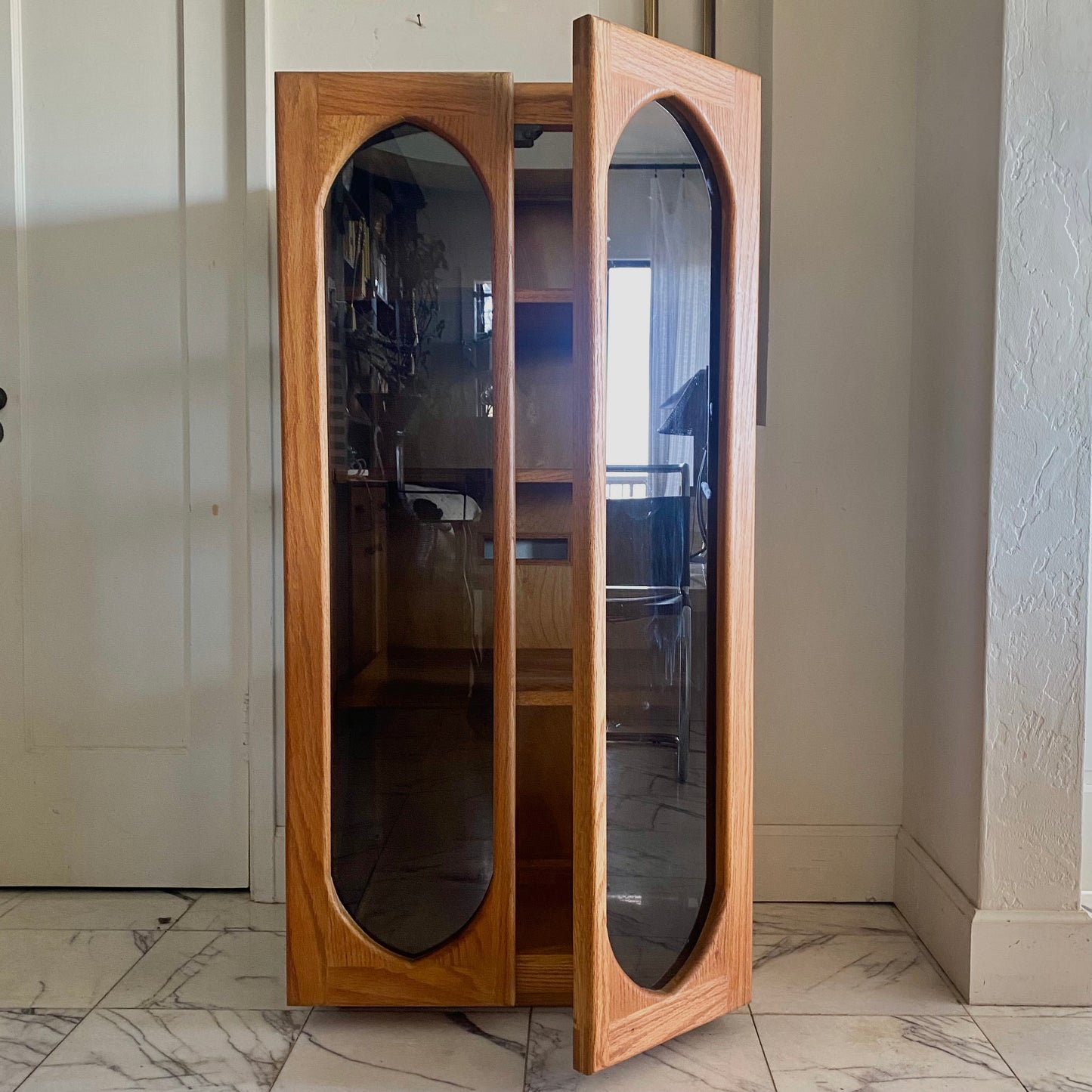 Arched oak + smoked glass cabinet