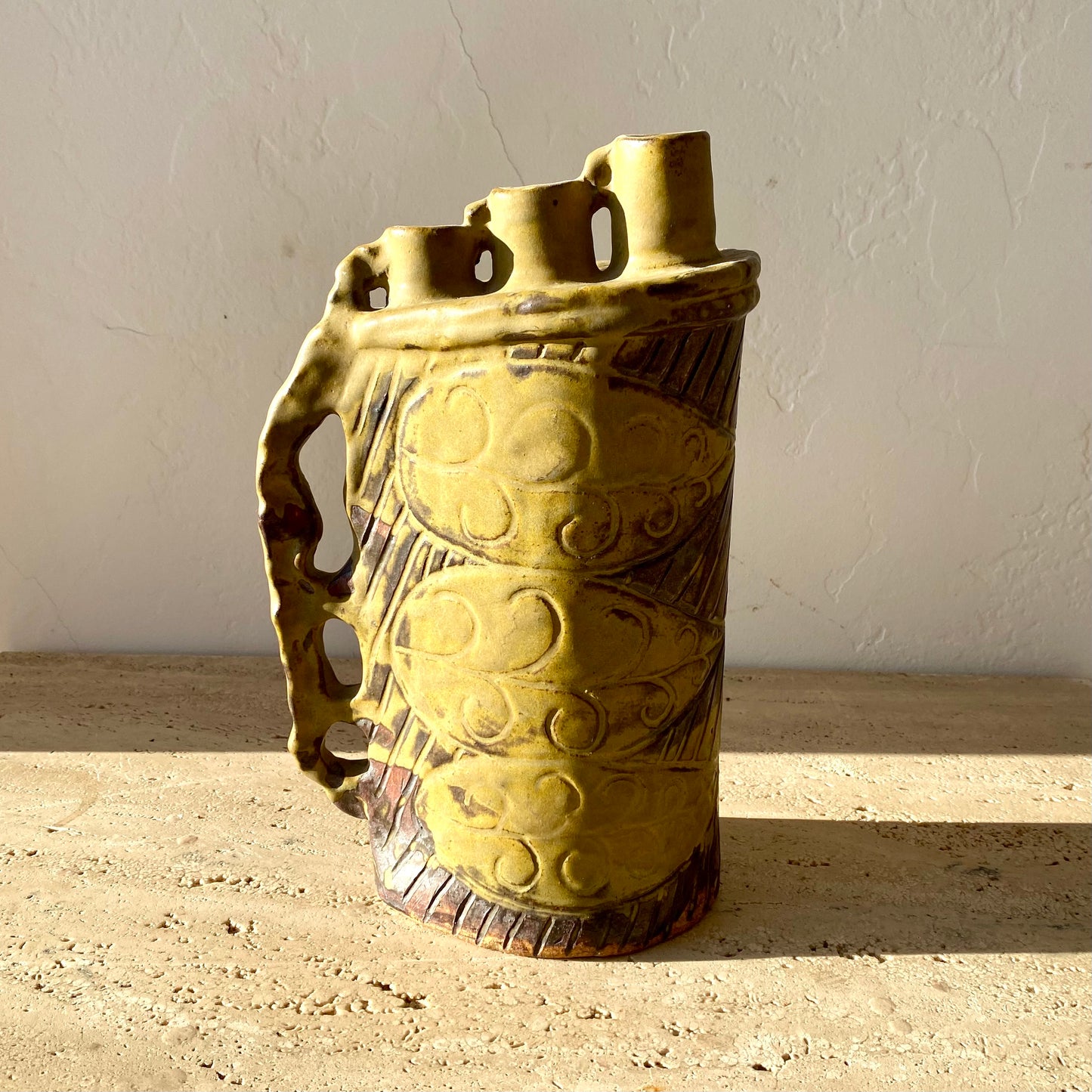 Green studio pottery triple vase