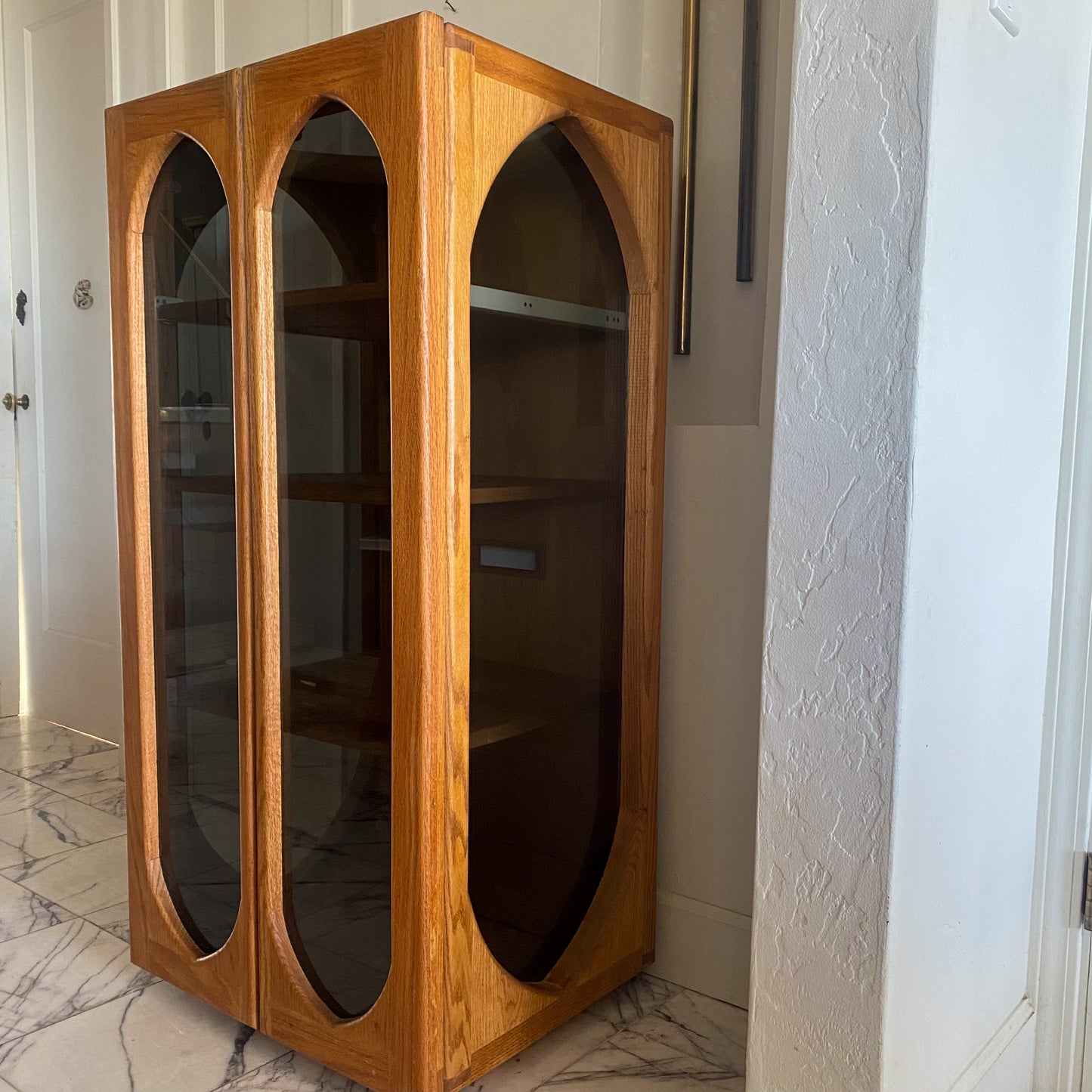 Arched oak + smoked glass cabinet