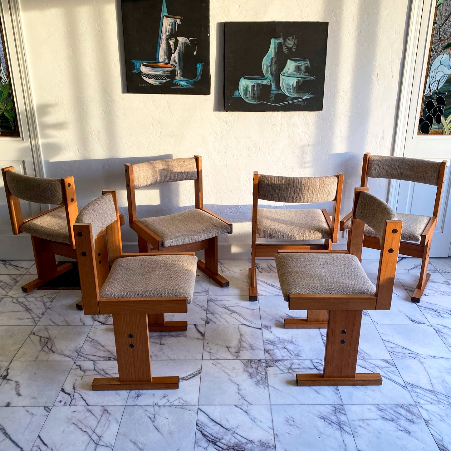 Rectilinear dining chairs, by Poul Poulsen for Gangso Mobler