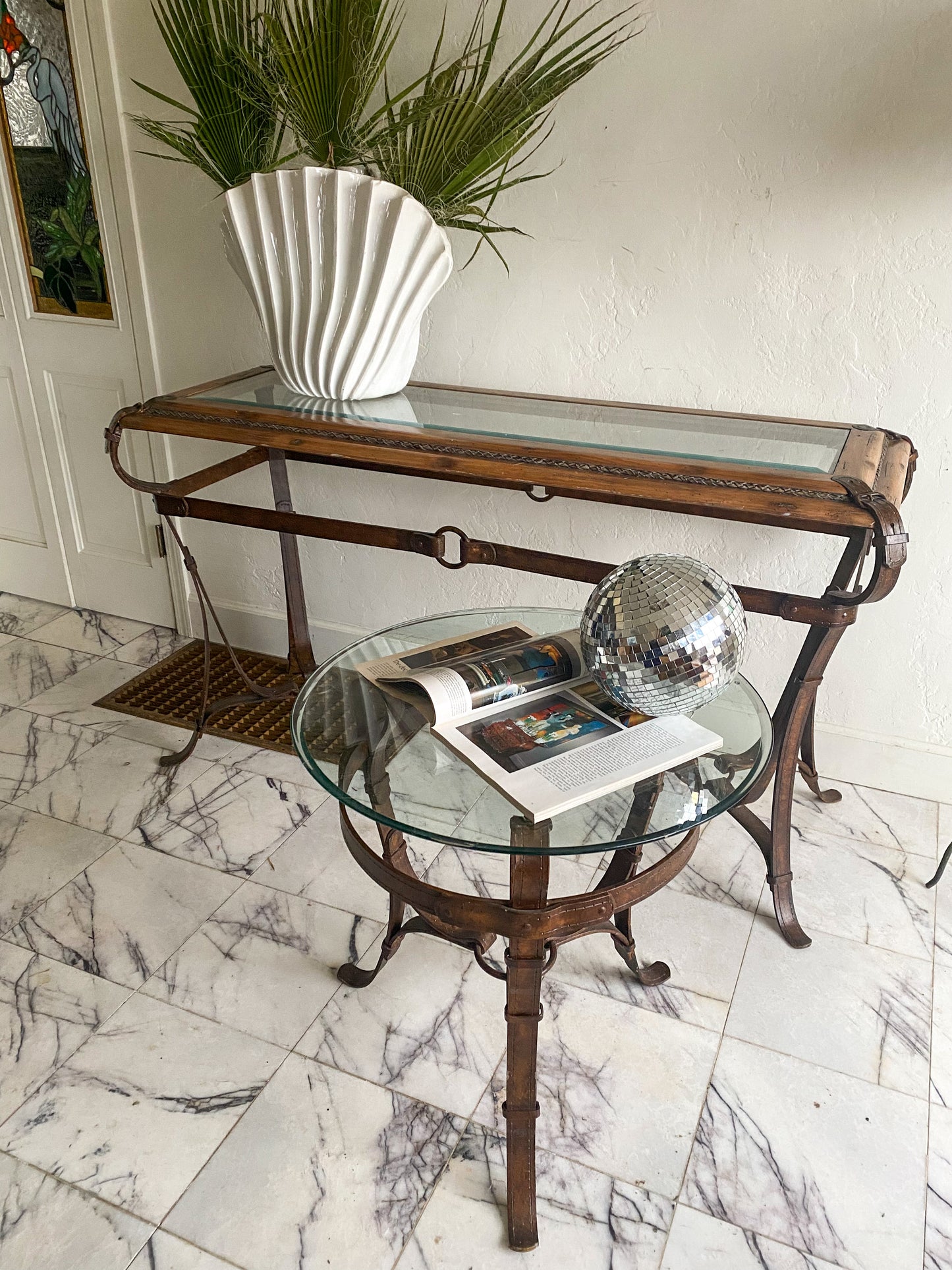 Jacques Adnet / Hermes style cast iron console + side table