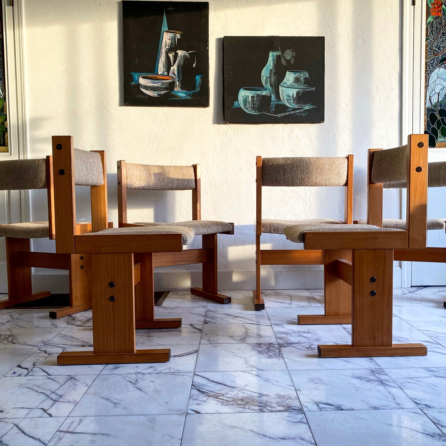 Rectilinear dining chairs, by Poul Poulsen for Gangso Mobler