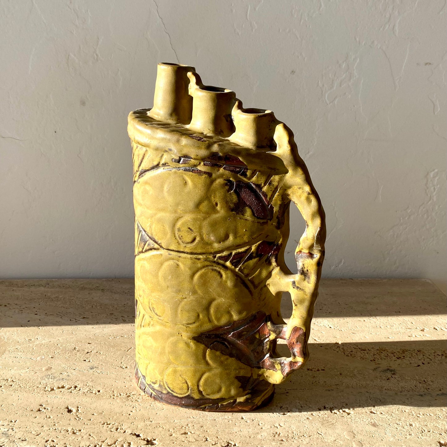 Green studio pottery triple vase