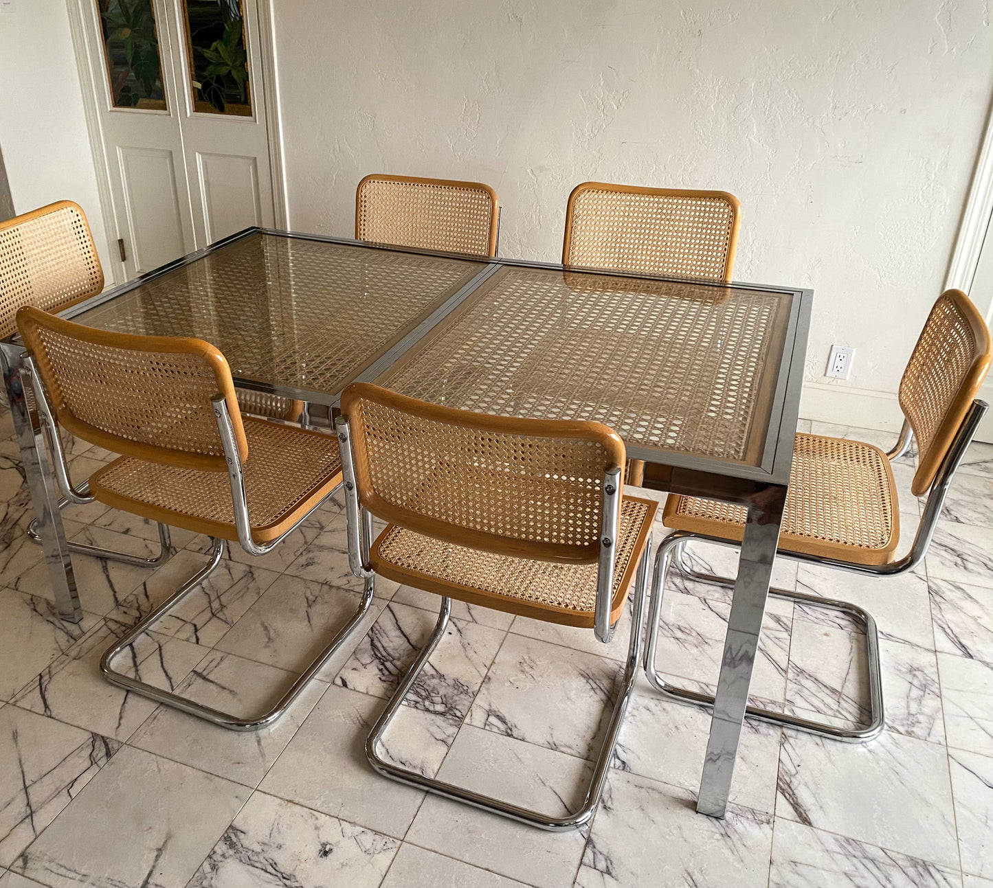 Milo Baughman chrome and cane dining table